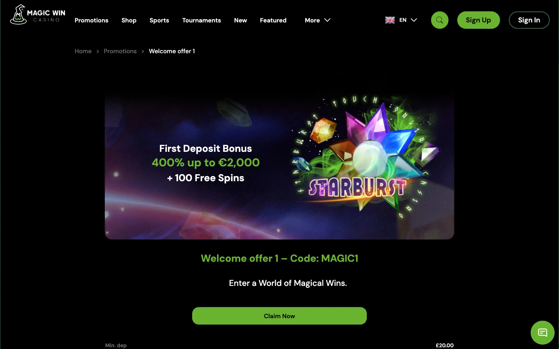 Magic Win first deposit card: 400% and 100 free spins on Starburst, code MAGIC1
