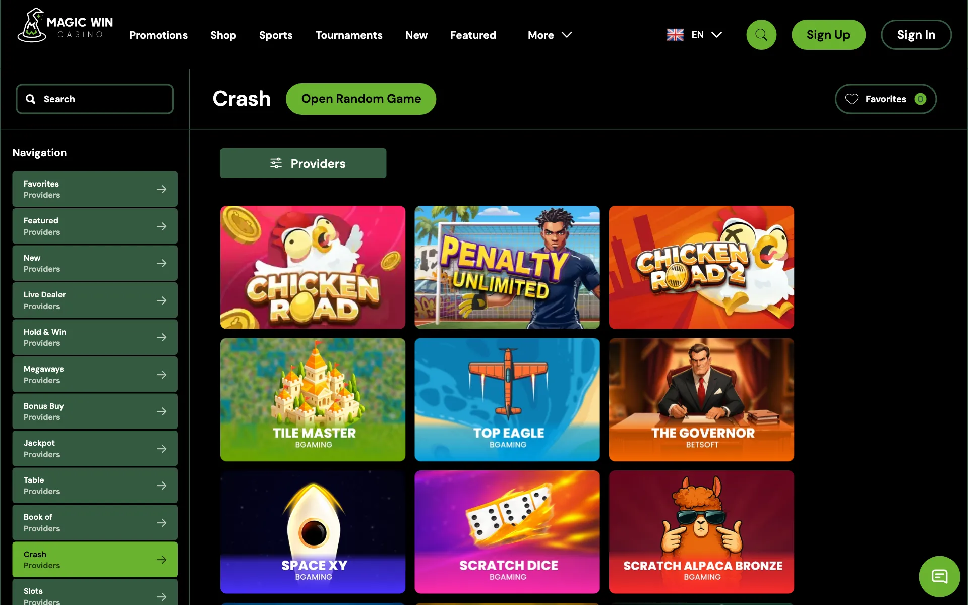 Magic Win crash games section with Chicken Road, Space XY and more