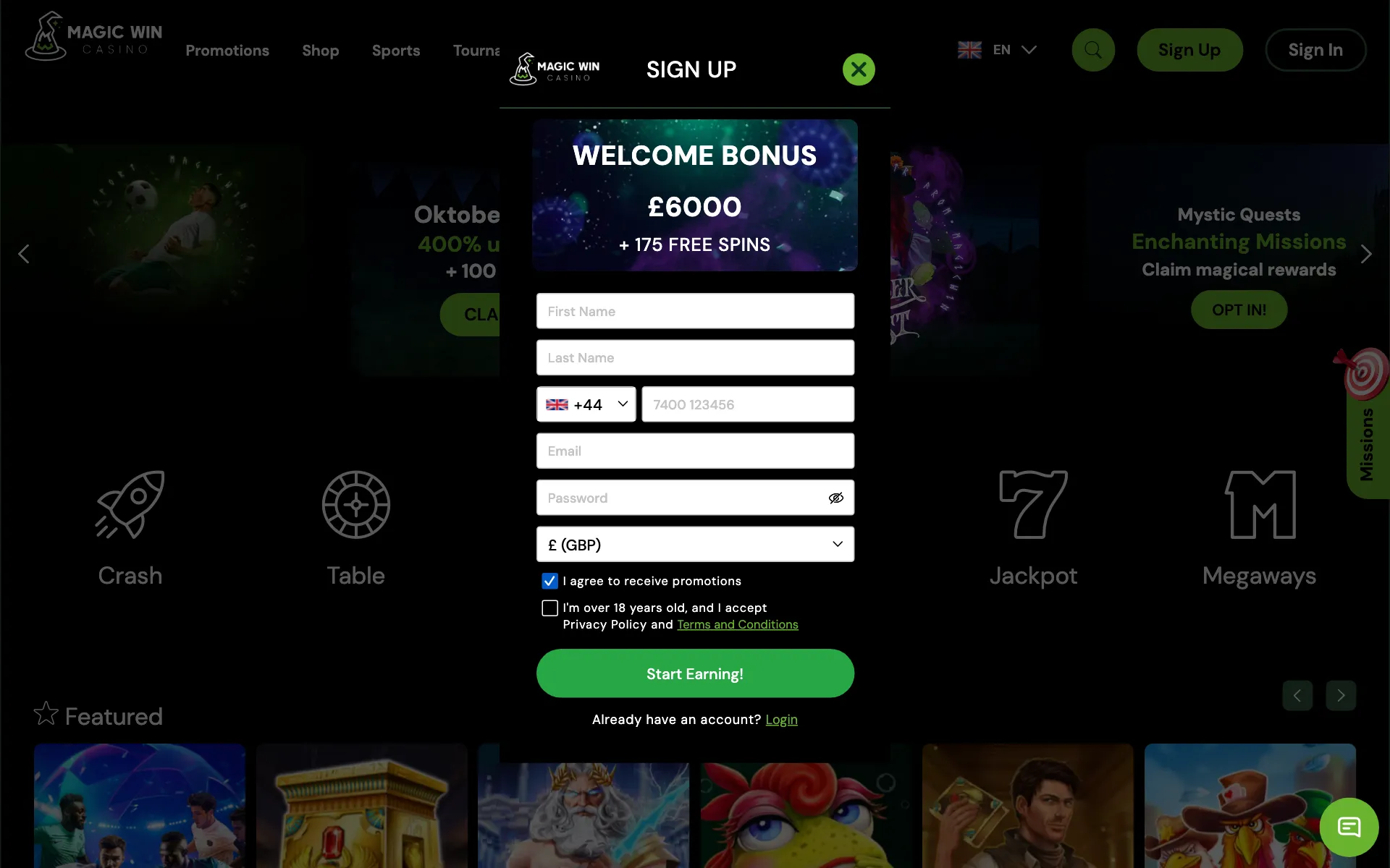 Magic Win sign-up window showing the welcome package